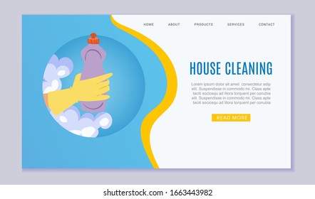 House cleaning service web template cartoon vector illustration. Hand in yellow glove with detergent spray cleans the blue window for housework service webpage.