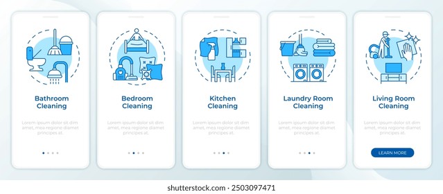 House cleaning services blue onboarding mobile app screen. Walkthrough 5 steps editable graphic instructions with linear concepts. UI, UX, GUI template