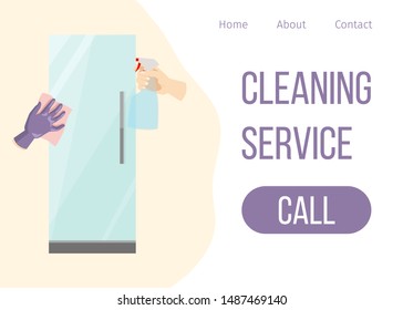 House cleaning services vector web template. Hand in glove and mop and spray with cleaned refrigerator flat illustration. House cleaning call button.