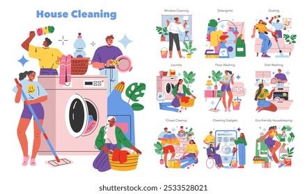 House Cleaning set. Diverse people engaged in different home cleaning tasks. Window washing, laundry, dusting, and eco-friendly housekeeping. Vector illustration.