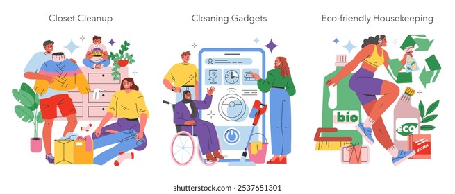 House Cleaning set. Organizing closet space, using modern cleaning tools, and practicing sustainability in chores. Vector illustration.