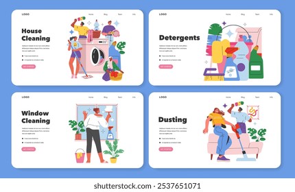 House Cleaning set. People engaged in cleaning activities with tools and detergents. Home tidiness, hygiene maintenance, and chore routine. Vector illustration.