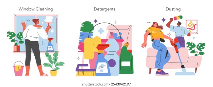 House Cleaning set. People engaged in domestic chores. Window washing, selecting detergents, and interior dusting. Vector illustration.