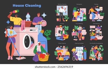 House Cleaning set. Various domestic chores from laundry to window cleaning. People engaged in tidying tasks with eco-friendly products. Vector illustration.