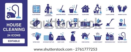 House Cleaning solid vector glyph icon set including maid service, vacuum cleaner, cleaning supplies, sweeping broom, floor mopping, bathroom cleaning, and laundry basket icons.