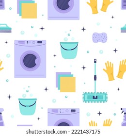house cleaning supplies seamless pattern on white background, cartoon print of bucket, spray, sponge, brush, gloves and washing machine, housework concept