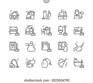 House Cleaning. Sweep. Trash Bag. Cleaning Service. Clean Window. Pixel Perfect Vector Thin Line Icons. Simple Minimal Pictogram