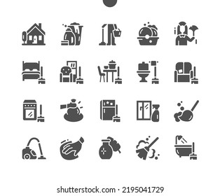 House cleaning. Sweep. Trash bag. Cleaning service. Clean window. Vector Solid Icons. Simple Pictogram