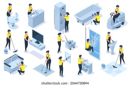 House cleaning team isometric professional characters. Detergents, cleaning equipment, vacuuming, wiping furniture vector illustration. Cleaning workers at work professional, team maintenance cleaning