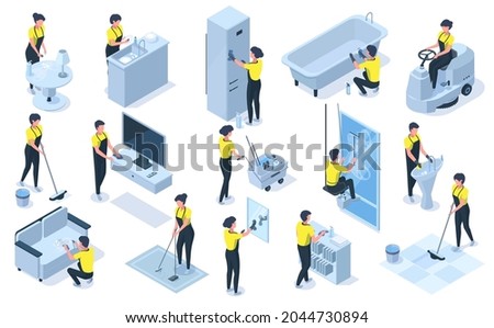 House cleaning team isometric professional characters. Detergents, cleaning equipment, vacuuming, wiping furniture vector illustration. Cleaning workers at work professional, team maintenance cleaning