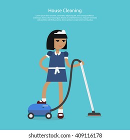 House cleaning template web page. Young girl or woman working in a maid uniform cleans with a vacuum cleaner isolated on background flat style. Home cleaning services  Vector illustration