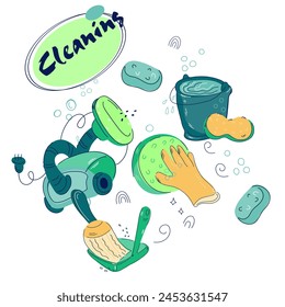 Hausreinigung Thema Banner oder Poster mit Haushaltswaren, isoliert auf weißem Hintergrund Vektorillustration im handgezeichneten Doodle-Stil.