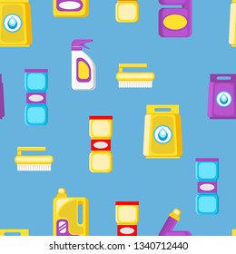 House Cleaning Tools Cartoon Seamless Pattern. Household Chemicals Vector Illustration. Washing Powder. Laundry Detergent with Water Drop Sticker. Spray Bottle, Yellow Brush Flat Backdrop