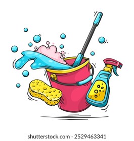 House cleaning tools. Draft outline hand-drawn. And washing service concept. Vector illustration.