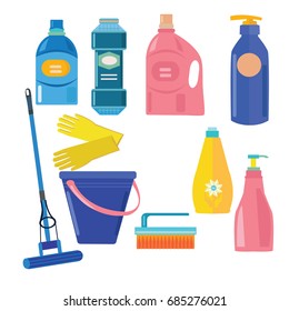 House cleaning tools. Cleaning elements Icons Set. Vector set of cleaning tools. Illustration in flat style. 