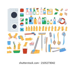 House cleaning tools. Household chemicals. Washer and dryer. Large set of funds. Flat vector illustration.