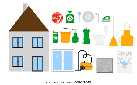 House Cleaning Tools Icon Set on Modern Flat Style. Vector Illustration EPS10