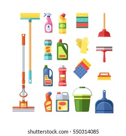 House Cleaning Tools And Products Flat Vector Icons Set. Household Tool Elements Bottle And Boxes Pack Isolated On White Background. Brushes, Rags, Buckets