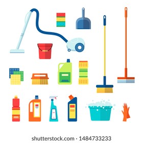 House cleaning tools and products set of trendy flat icons vector illustration isolated on white background. Household equipment elements for cleaning service sites and promo.
