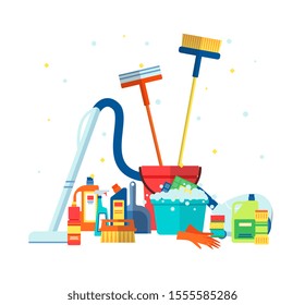 House cleaning tools and products such as a vacuum cleaner and brushes flat vector illustration isolated on white background. Household tool elements bottles and packs.