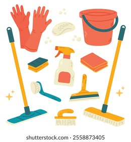 House cleaning tools. Cleaning service. Cleaning equipment. Bucket, mop, gloves, sponge. Vector illustration