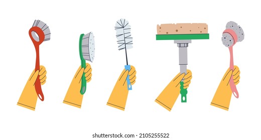 Herramientas de limpieza de casas. Un conjunto de brochas y esponjas de diferentes formas. Servicio en guantes de goma. Ilustración vectorial plana