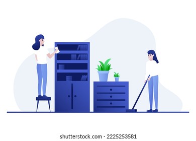 House cleaning. Two women are cleaning the room. Cleaning service concept. Vector flat illustration EPS 10