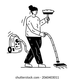 House cleaning with vacuum machine, hand drawn illustration 
