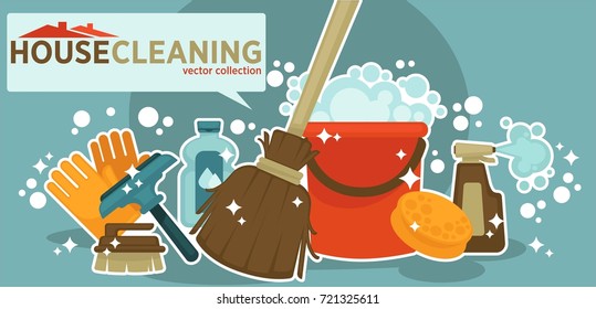 House cleaning vector collection of shiny work equipment