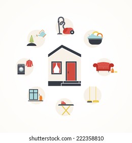 House cleaning vector concept - ironing, dish wash, vacuum cleaning, plant care, furniture dry-clean, window treatment. 