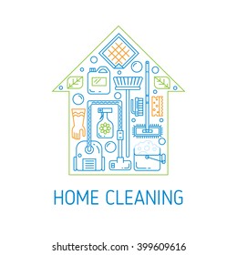 House cleaning vector concept. Modern clean linear style. Cleaning equipment and appliance design elements. For web, banners, blogs, poster, app