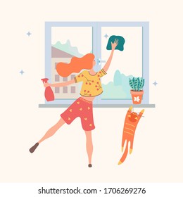 House cleaning. Vector illustration on a light background. The girl washes the window. Red cat climbs on the windowsill.