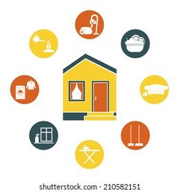 House cleaning vector - ironing, dish wash, vacuum cleaning, plant care, furniture dry-clean, window treatment. 