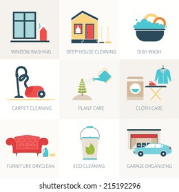 House cleaning vector - ironing, dish wash, vacuum cleaning, plant care, furniture dry-clean, window treatment. 