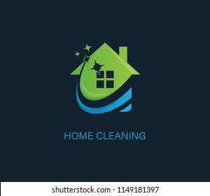House Cleaning Vector Logo Design, Eco Friendly with shiny Home and circle Concept isolated on dark Background
