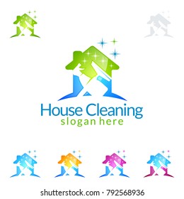 House Cleaning Vector Logo Design, Eco Friendly With Shiny Home And Circle Concept Isolated On White Background