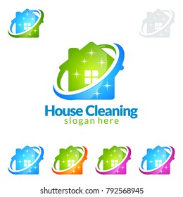 House Cleaning Vector Logo Design, Eco Friendly With Shiny Home And Circle Concept Isolated On White Background