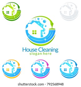 House Cleaning Vector Logo Design, Eco Friendly with shiny Home and circle Concept isolated on white Background