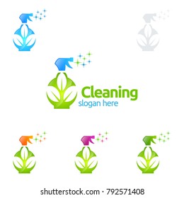 House Cleaning Vector Logo Design, Eco Friendly with shiny glass brush and spray Concept isolated on white Background