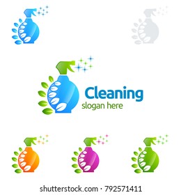 House Cleaning Vector Logo Design, Eco Friendly with shiny glass brush and spray Concept isolated on white Background