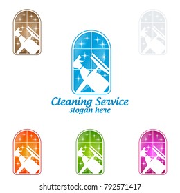 House Cleaning Vector Logo Design, Eco Friendly with shiny glass brush and spray Concept isolated on white Background