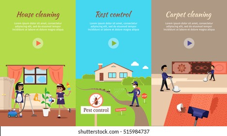 House cleaning vector video banner. Flat design. Maids with vacuum cleaner, whisk dust and sprayer working in apartment. Servants. Illustration with play button for cleaning companies web page design