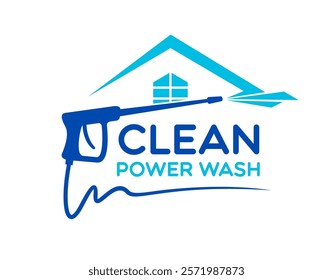 House cleaning and washing icon features a blue pressure washer spraying water, combined with a house roof silhouette and window. Vector emblem with bold, clean typography emphasizes clean power wash