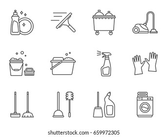 House cleaning and washing line icons set. Housework services.