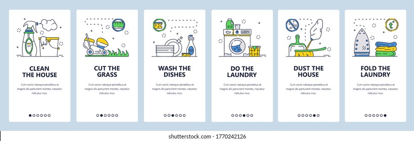 House cleaning website and mobile app onboarding screens. Menu banner vector template for web site and application development. Laundry, household chores. Cutting grass, home cleaning, washing dishes.