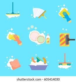 House cleaning. Wipe the windows, wash clothes, vacuum the floor, wash dishes. Vector icons in a flat style isolated on a white background.