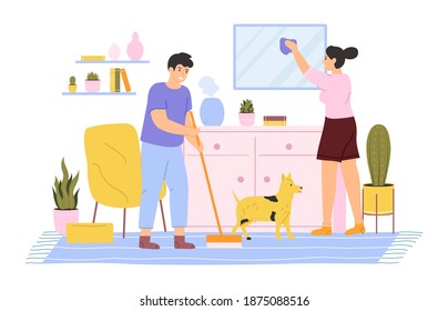 Limpieza de casa. Jóvenes compañeros limpiando y lavando casa, rutinas diarias de casa. Juego de ilustraciones vectoriales de tareas domésticas. Limpieza de casa, departamento de rutina de limpieza