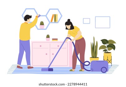 House cleaning. Young couple cleaning and washing house, daily home routines. Cartoon woman vacuuming carpet, man dusting shelves with books and plants. Household chores vector concept