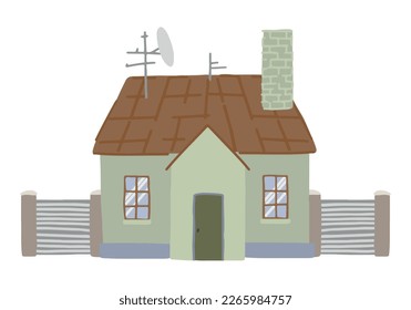 House clip art. Home facade with doors, windows, fence. Lovely residential building. Modern flat vector illustration isolated on white.