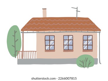House clip art. Home facade with doors, windows, trees. Lovely residential building. Modern flat vector illustration isolated on white.